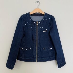 Girls Denim Jacket 6-7Y, Pearl Embellished Dark Wash Blue Jean Coat Zip Up